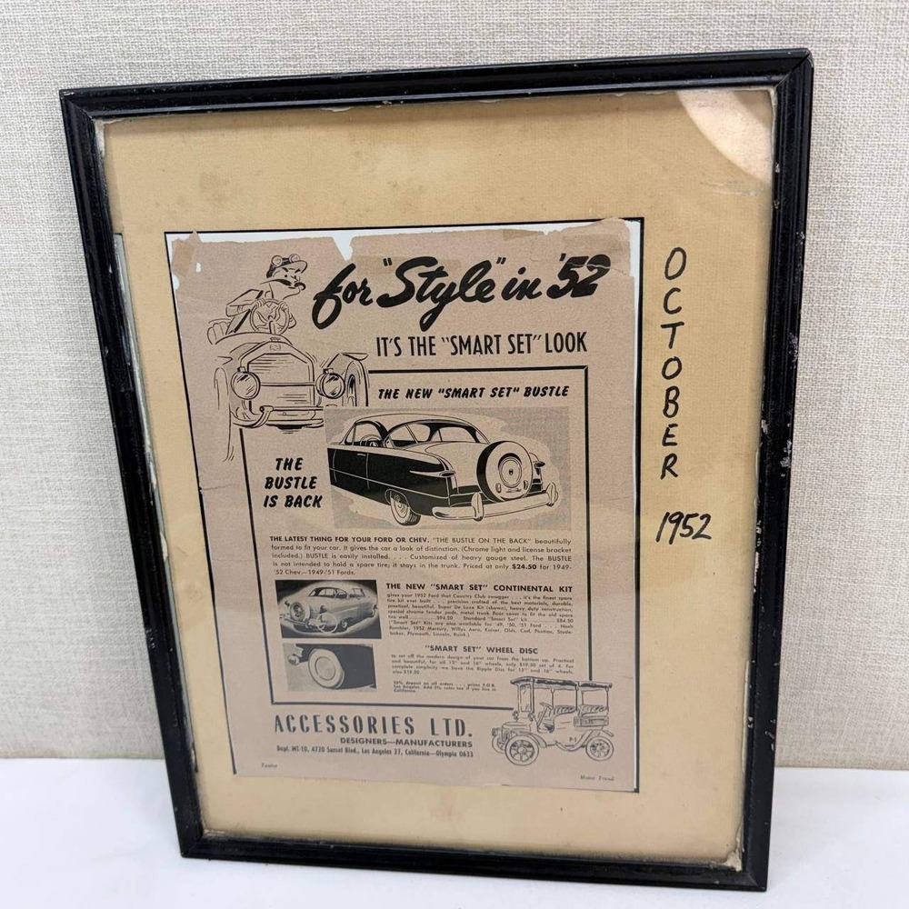Vintage 1952 Accessories Ltd Smart Set Continental Kit Car Ad Framed 12x15